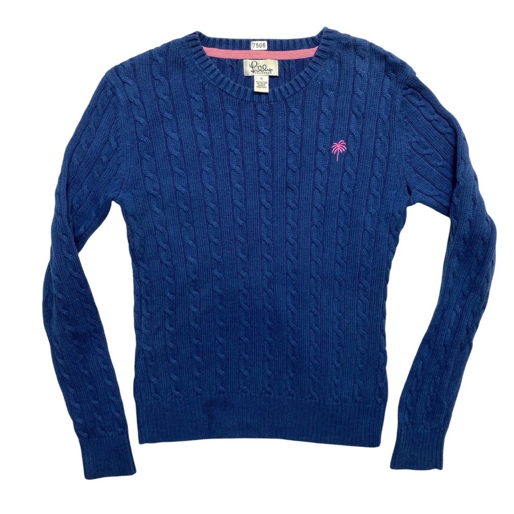 Lilly Pulitzer Sweater Womens XS Blue Cable Knit Palm Tree Logo Pullover